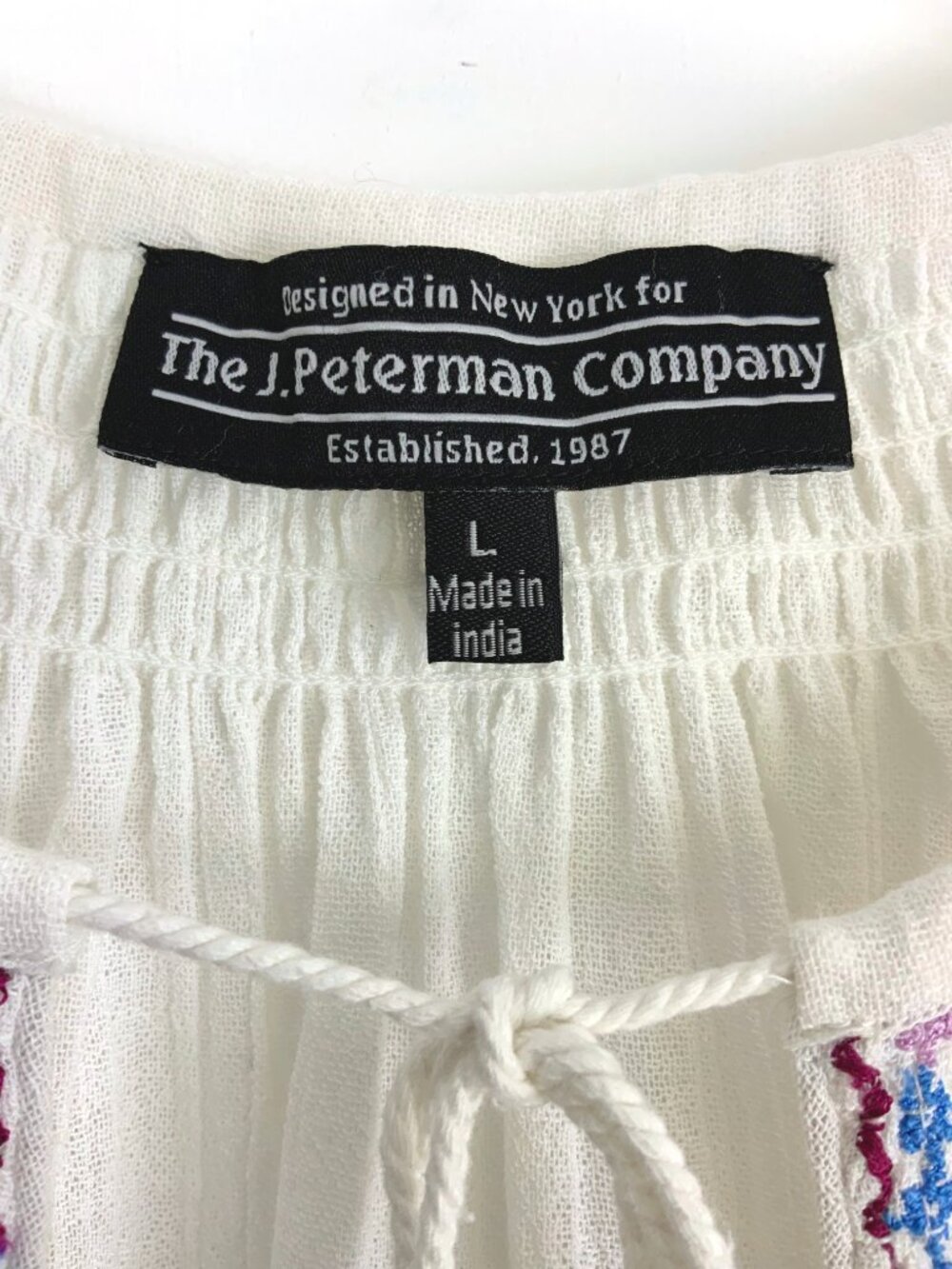 J Peterman Embroidered Cotton Peasant Blouse White Boho Tassel Split Neck Sz L - Picture 3 of 16